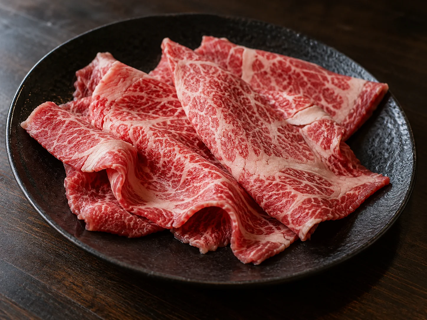 黑陶盘上的薄切雪花牛肉，菜品风格示意